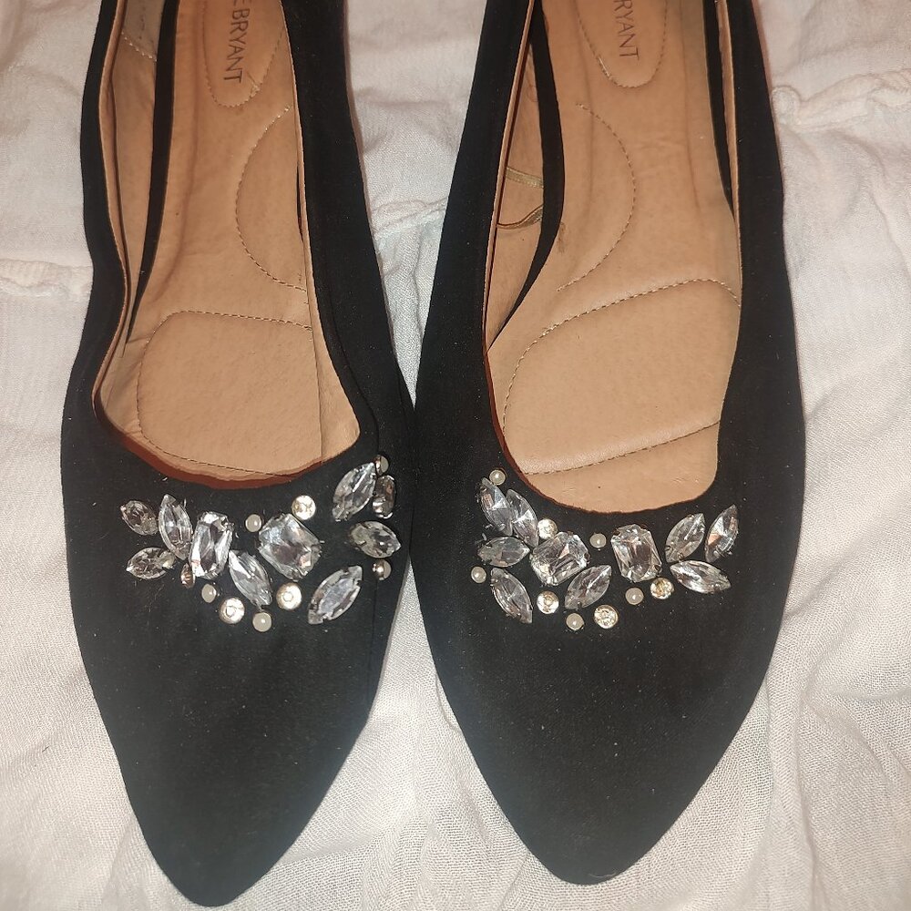 Women's size 12w "Lane Bryant" Black Faux Suede w/Rhinestones Flat Shoes